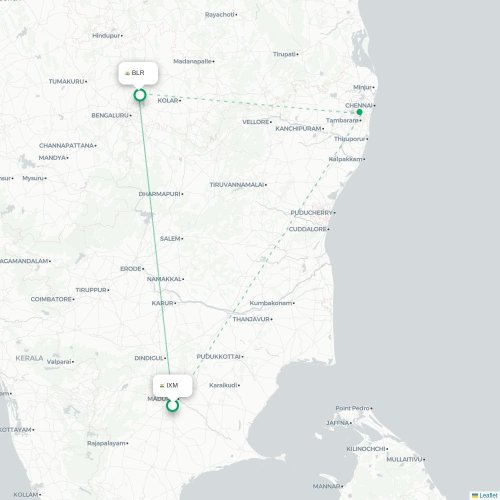 Madurai – Bangalore suoran lennon kartta