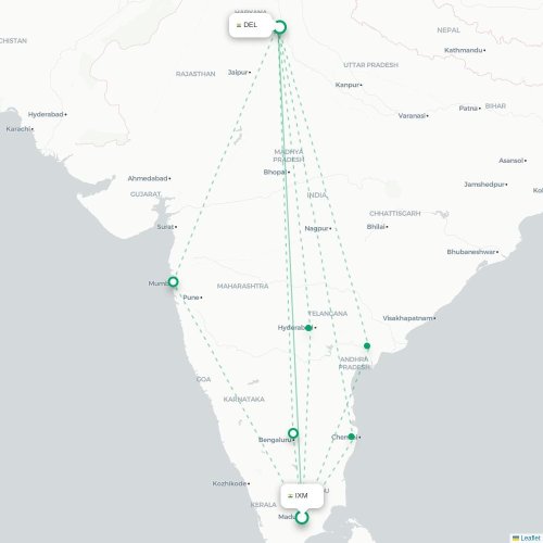 Madurai – New Delhi suoran lennon kartta