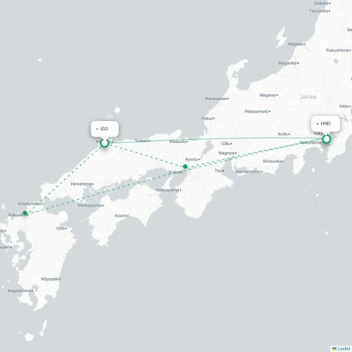 Mapa lotu bezpośredniego Izumo – Tokio