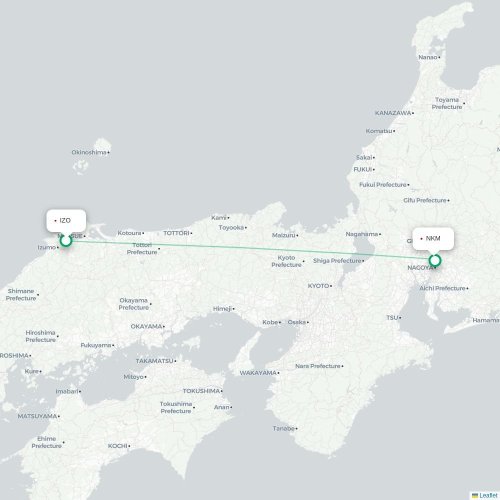 Mapa lotu bezpośredniego Izumo – Nagoja