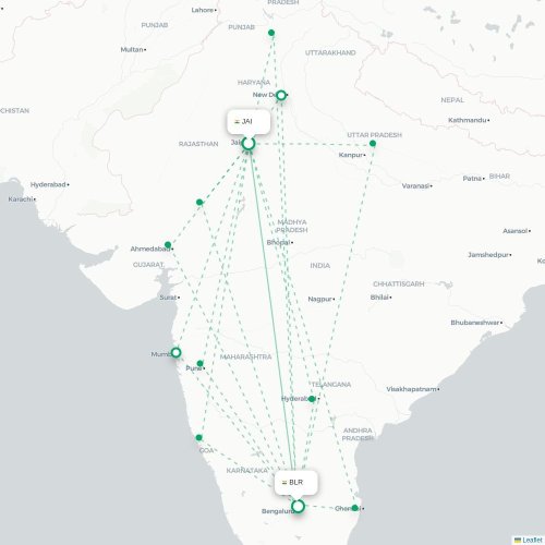 Jaipur - Bengaluru direct flight map