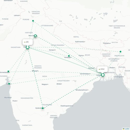 Jaipur – Kalkutta suoran lennon kartta