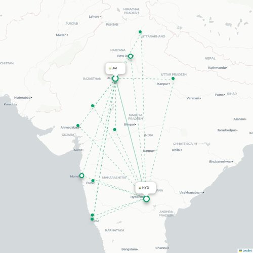 Jaipur – Hyderabad suoran lennon kartta