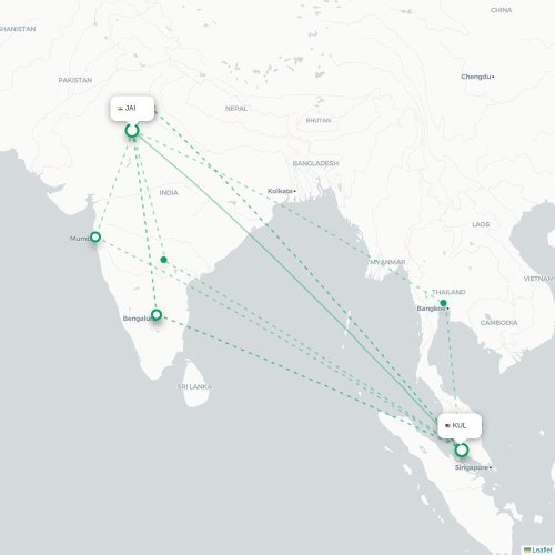 Jaipur – Kuala Lumpur suoran lennon kartta