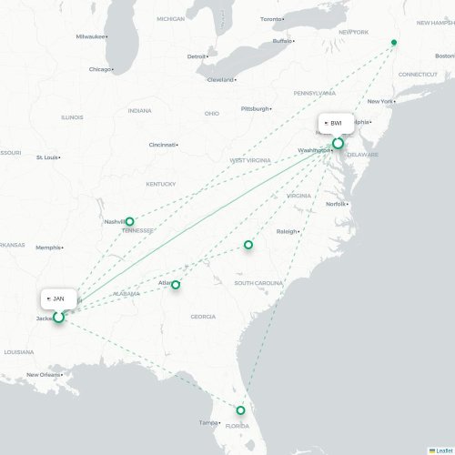Mapa de vuelo directo Jackson - Baltimore