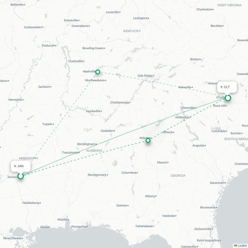 Mapa de vuelo directo Jackson - Charlotte