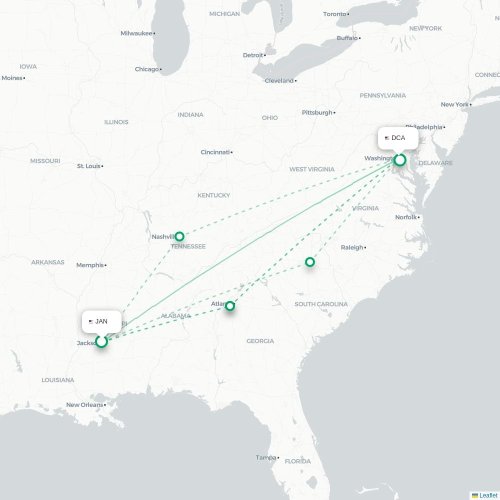 Mapa de vuelo directo Jackson - Washington D. C.