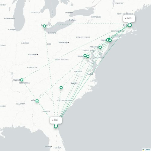 Mapa de vuelo directo Jacksonville - Boston