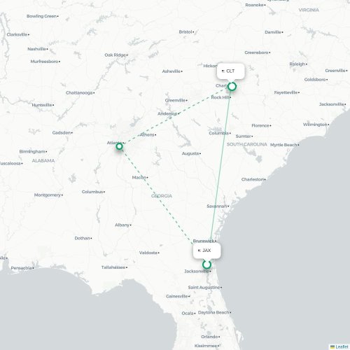 Mapa de vuelo directo Jacksonville - Charlotte