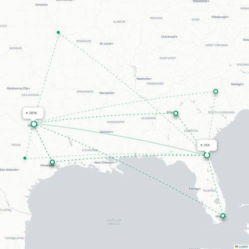 Jacksonville - Dallas karta över direktflyg
