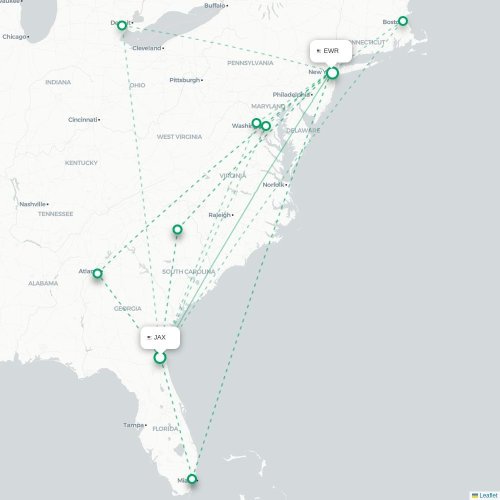Mapa de vuelo directo Jacksonville - Newark