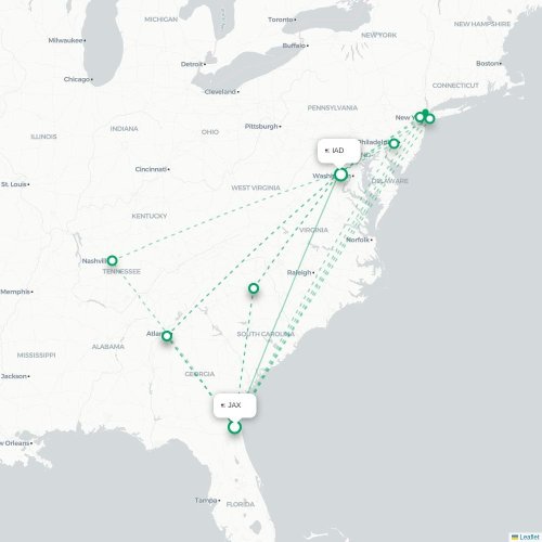Mapa de vuelo directo Jacksonville - Washington D. C.