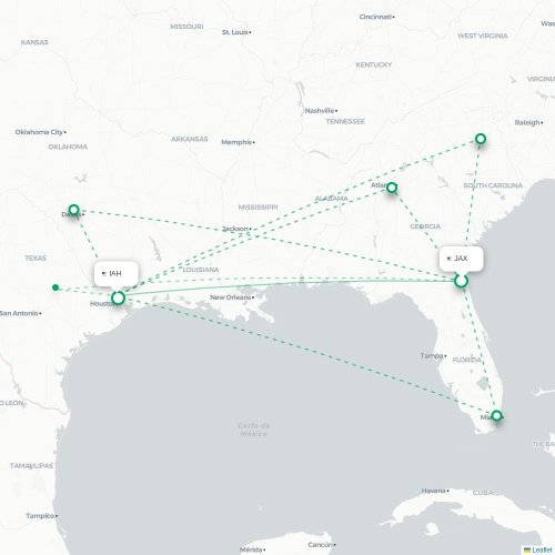 Mapa de vuelo directo Jacksonville - Houston