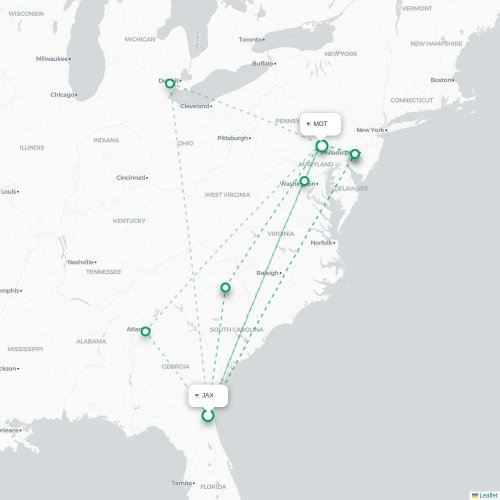 Mapa lotu bezpośredniego Jacksonville – Harrisburg