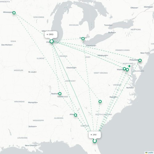 Mapa de vuelo directo Jacksonville - Chicago