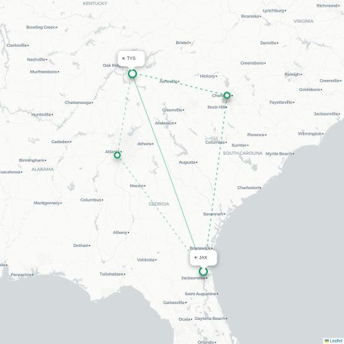 Mapa de vuelo directo Jacksonville - Knoxville