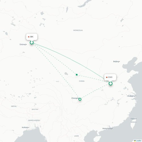 Mapa de vuelo directo Qitai - Zhengzhou