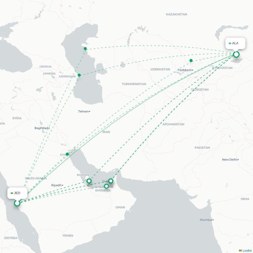 Mapa de vuelo directo Jedda - Almatý