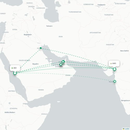 Mapa de vuelo directo Jedda - Ahmedabad