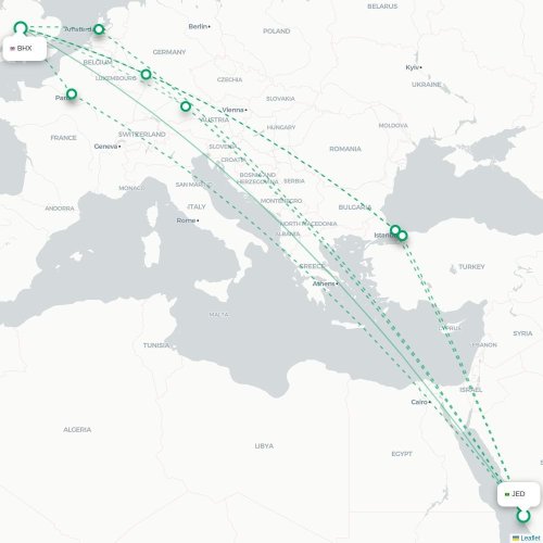 Mapa de vuelo directo Jedda - Birmingham