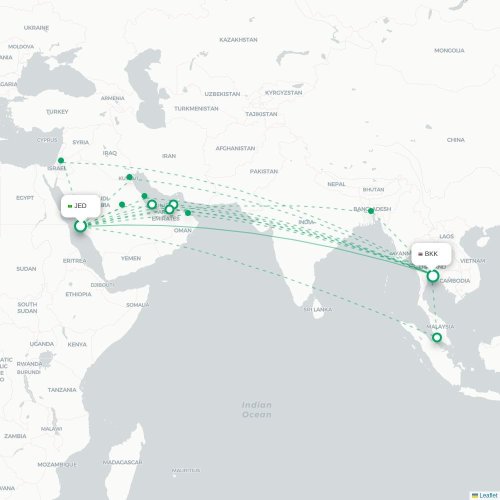 Mapa de vuelo directo Jedda - Bangkok