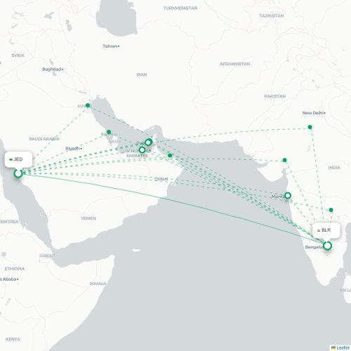 Mapa de vuelo directo Jedda - Bangalore