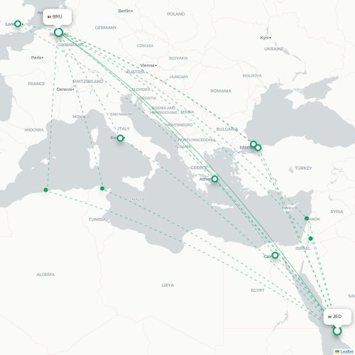 Jeddah - Brussels karta över direktflyg