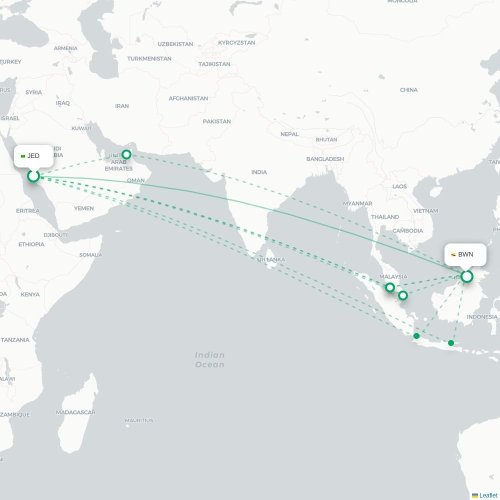 Mapa lotu bezpośredniego Dżudda – Bandar Seri Begawan