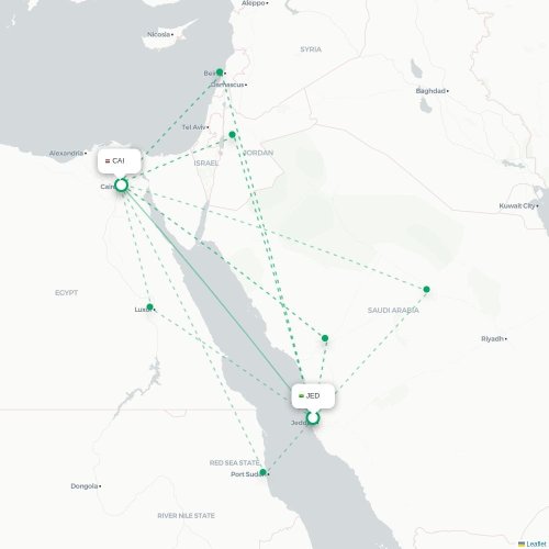 Mapa de vuelo directo Jedda - El Cairo