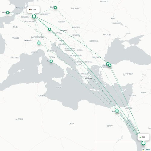 Jeddah - Köln karta över direktflyg