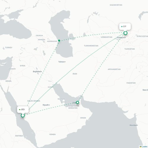 Mapa de vuelo directo Jedda - Shymkent