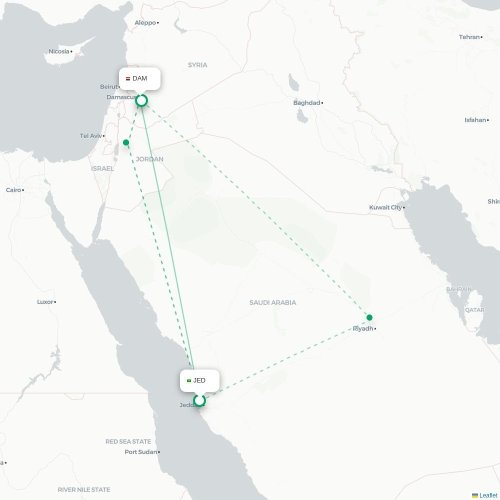 Mapa de vuelo directo Jedda - Damasco