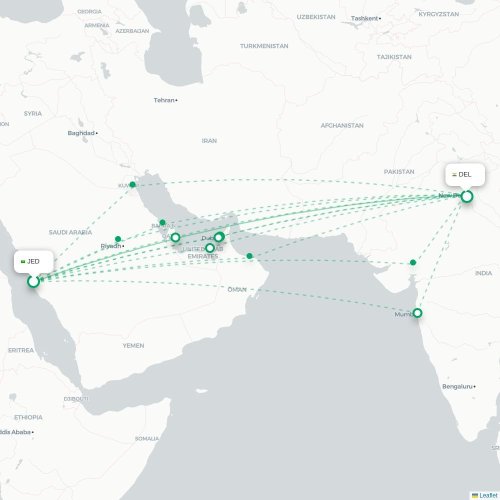 Mapa de vuelo directo Jedda - Nueva Delhi