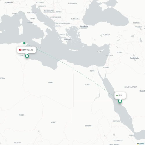 Mapa lotu bezpośredniego Dżudda – Houmt Souk