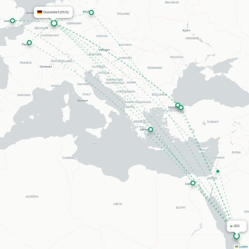 Jeddah - Dusseldorf karta över direktflyg