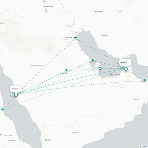 Mapa de vuelo directo Jedda - Dubái