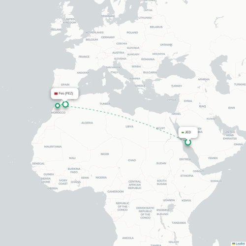 Mapa de vuelo directo Jedda - Fez