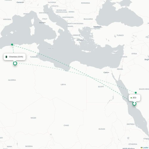 Mapa lotu bezpośredniego Dżudda – Ghardaja