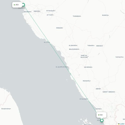 Mapa de vuelo directo Jedda - Jazan