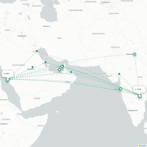 Mapa de vuelo directo Jedda - Hyderabad