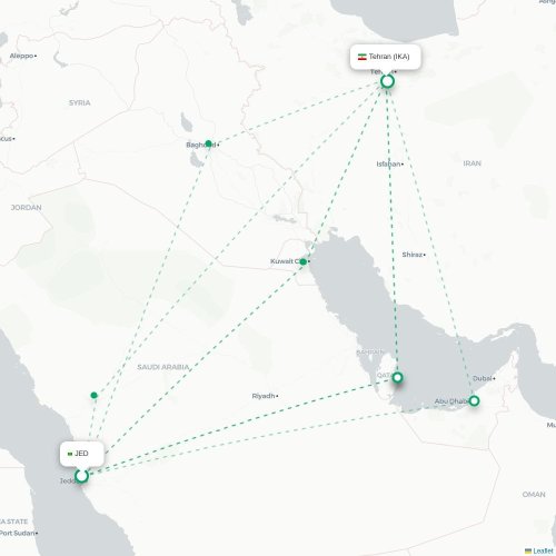 Mapa de vuelo directo Jedda - Teherán