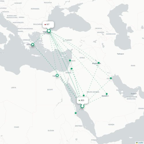 Mapa de vuelo directo Jedda - Estambul