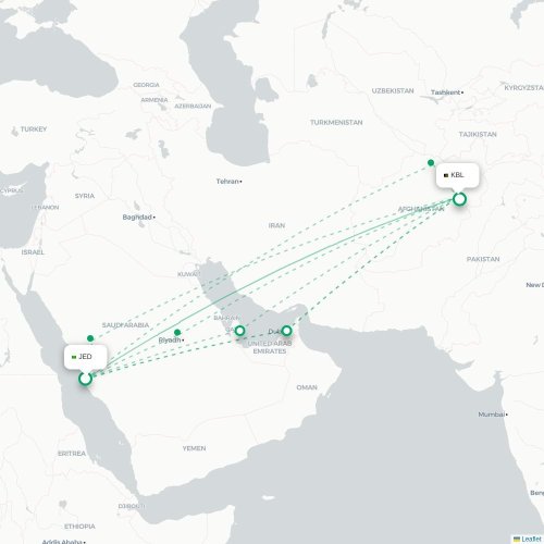 Mapa lotu bezpośredniego Dżudda – Kabul