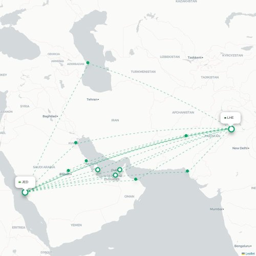 Mapa de vuelo directo Jedda - Lahore