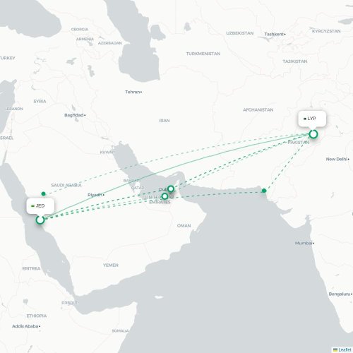 Mapa de vuelo directo Jedda - Faisalābād