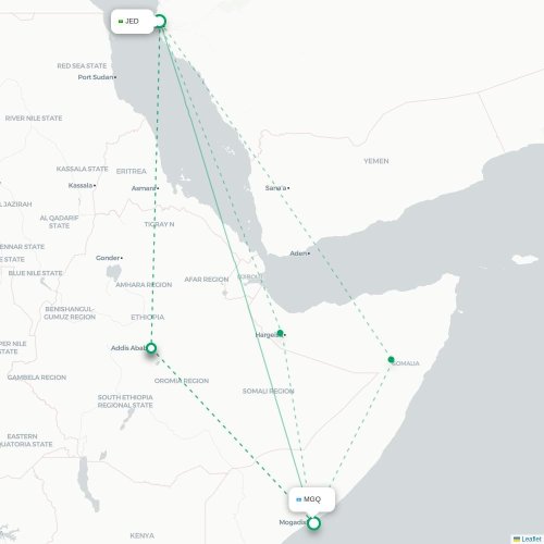 Mapa de vuelo directo Jedda - Mogadiscio
