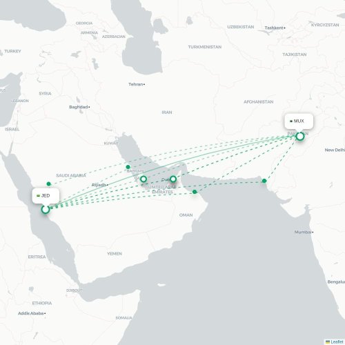 Mapa de vuelo directo Jedda - Multan