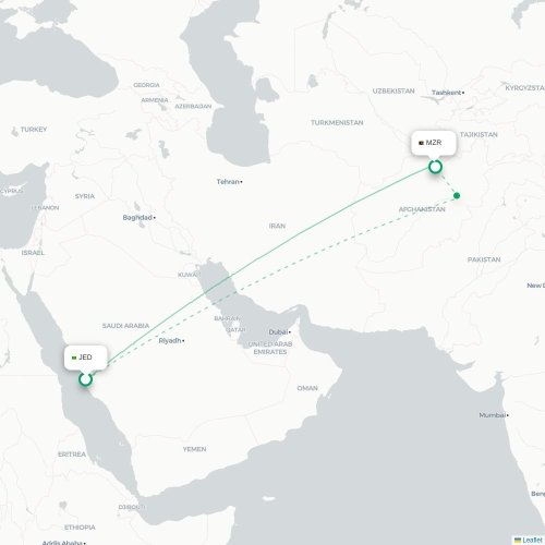 Mapa lotu bezpośredniego Dżudda – Mazar-i Szarif
