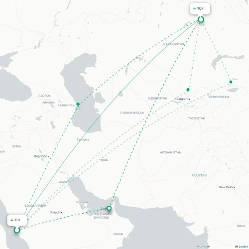 Mapa de vuelo directo Jedda - Astana