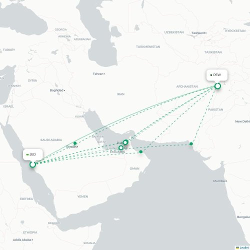 Mapa de vuelo directo Jedda - Peshawar